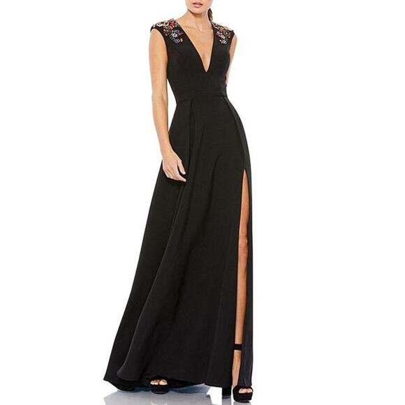 Mac Duggal Beaded V-Neck Cap Sleeve Thigh High Slit A-Line Gown Size 14 NWT - Picture 1 of 11